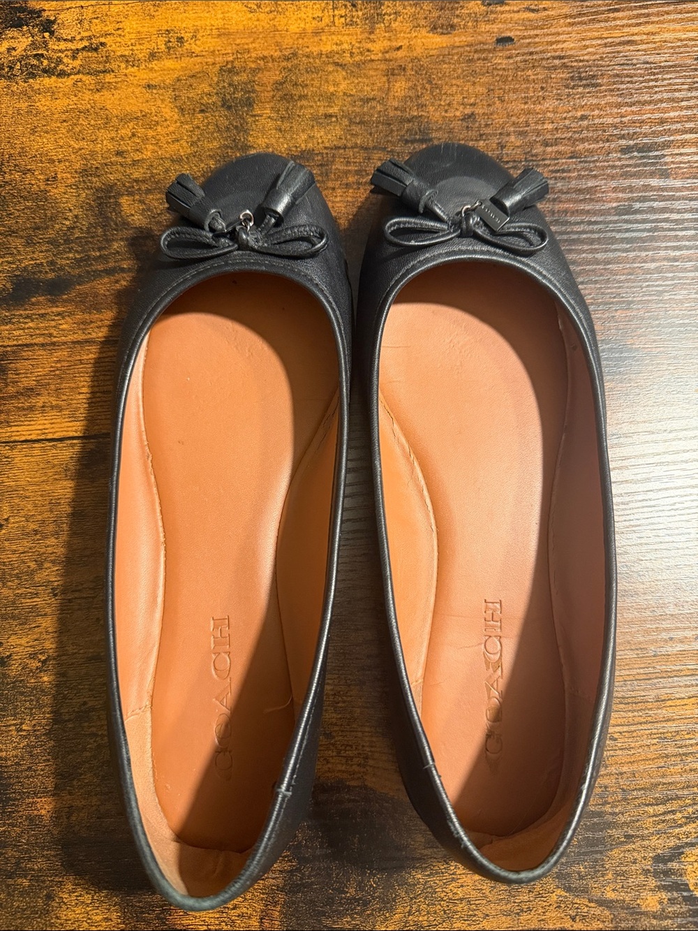 Coach Black Leather Ballet Flats with Bow Tassels